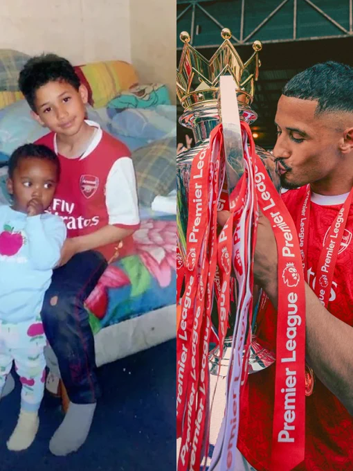 William Saliba as a child wearing an Arsenal shirt, and an image of him with the Premier League title.