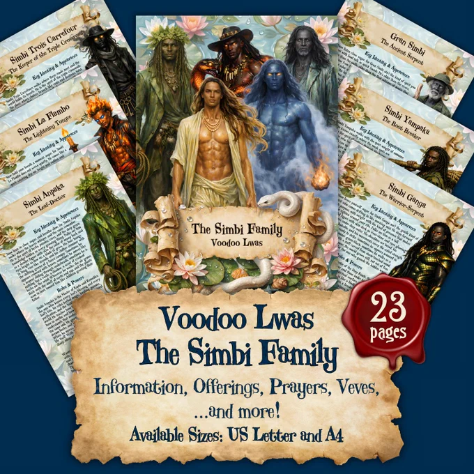 https://payhip.com/b/AUS7r
Come sit close to the waters and listen well, for the ancient Simbi Lwas do not speak to careless ears.
Within this grimoire are the deep mysteries of the Simbi Family, serpent spirits of rivers, prophecy, hidden roads, sacred waters, fire, protection, and powerful sorcery. Learn the ways of Gran Simbi, Papa Simbi, Simbi Dlo, Simbi Andezo, Simbi Ganga, Simbi Makaya, and other mighty Lwas through their appearances, powers, offerings, prayers, sacred symbols, altar work, warnings, and veves. These pages carry the cool whisper of deep waters and the old current of wisdom flowing between worlds.