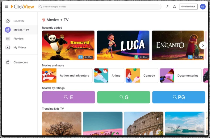 A screen shot from ClickView of the Movies   TV front page.
