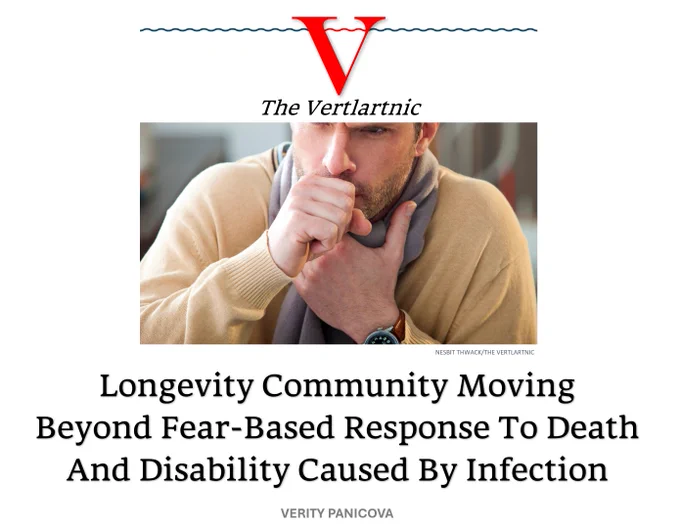 A man coughing his life expectancy away
Headline:
Longevity Community Moving Beyond Fear-Based Response To Death And Disability Caused By Infection
Story Nesbit Thwack and Verity Panicova

Photo from Adobe