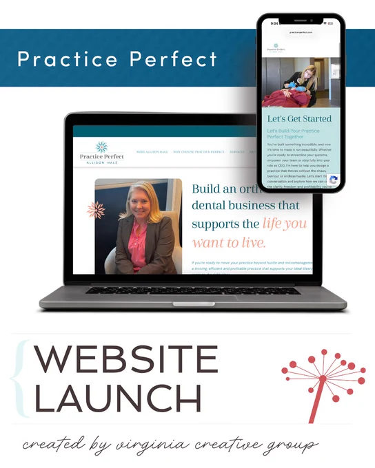 Promotional image for the launch of the 'Practice Perfect' website, showcasing a dental business. Features a laptop and smartphone displaying the site.