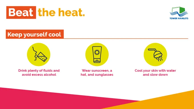 Advice on beating the heat: drink fluids, wear sunscreen and a hat, and cool skin with water.