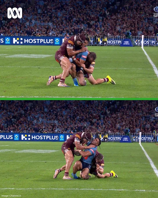 Ponga lays a tackle and knocks a Blue senseless with his shoulder.