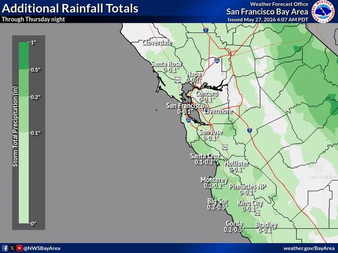 Rainfall totals across the Bay Area and Central Coast through Thursday night. Coastal regions within Santa Cruz and Monterey Counties and the Santa Lucia range will see around a tenth to a quarter of an inch of rain with localized values up to half an inch possible. Elsewhere in the Bay Area and interior Central Coast, less than a tenth of an inch of rain is expected outside of favored mountain areas where higher rain totals are possible.