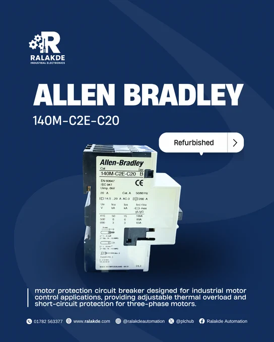 Ralakde Allen-Bradley 140M-C2E-C20 motor protection circuit breaker for industrial motor control, overload protection, and three-phase electrical systems.