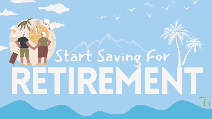 Couple holding hands on vacation with message that reads, “Start saving for retirement.”