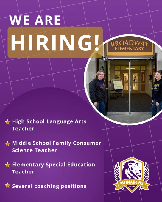 Broadway Elementary announces hiring for multiple teaching and coaching roles with two staff standing at the school entrance.