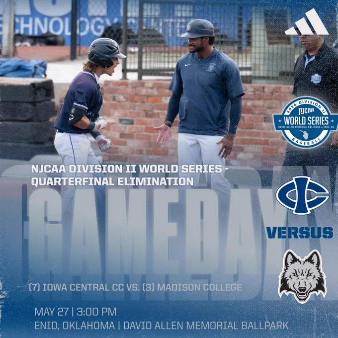 JJ Wolbert is featured celebrating a base hit with assistant coach Cam Cratic as third-seeded Madison College takes on seventh-seeded Iowa Central Community College in a quarterfinal elimination at the NJCAA Division II World Series.