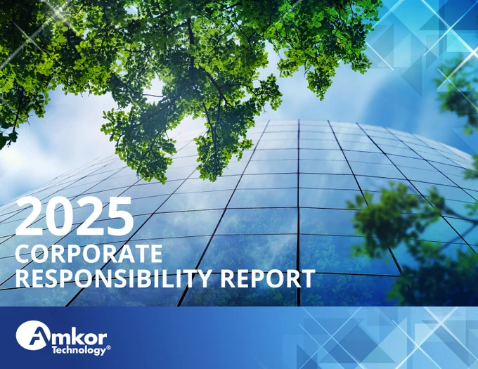 The image is the cover of the "2025 Corporate Responsibility Report" by Amkor Technology. It features a modern glass building with reflections of green trees against a blue sky, and the text is prominently displayed in white.