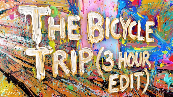 thumbnail from a messy experimental multicoloured still from The Bicycle Trip, with the text 'The Bicycle Trip ( 3 hour edit).