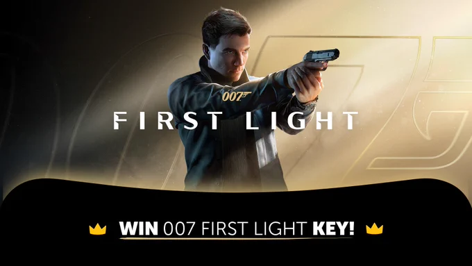 Person holding a gun, wearing a jacket with the logo of "007 First Light"" in front. Background shows large "007". Below Kinguin banner reads "Win 007 First Light Key!" with crown icons.