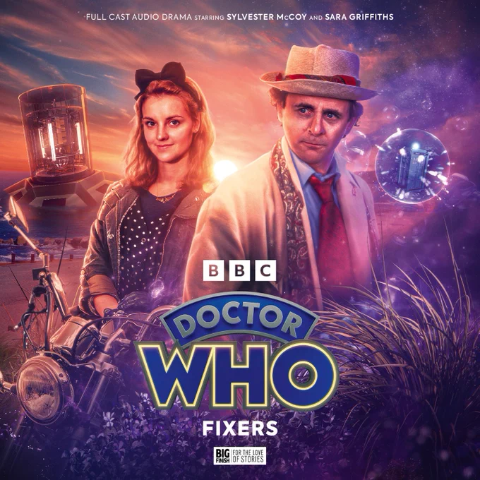 Rafe Wallbank's cover artwork for Doctor Who: Fixers. The Seventh Doctor and Ray (sitting on her motorcycle) are ranged centre, with the setting sun behind them casting light over their shoulders. To the left is an unfamiliar TARDIS console, to the right the familiar title sequence TARDIS "bubble". 
