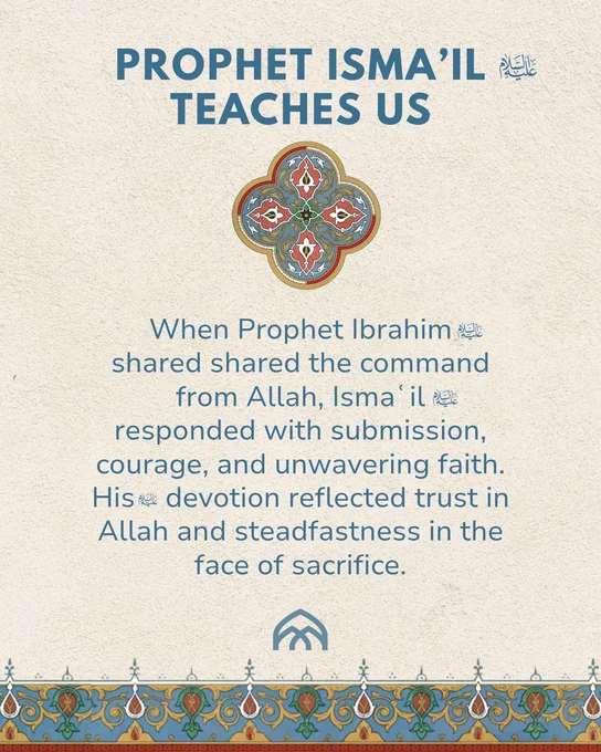 Carousel slide titled “Prophet Ismaʿil عليه السلام Teaches Us” with a decorative geometric emblem beneath the title. The text explains that when Prophet Ibrahim عليه السلام shared Allah’s command, Ismaʿil عليه السلام responded with submission, courage, unwavering faith, sincerity, and steadfastness in the face of sacrifice. Beige textured background with decorative border accents.