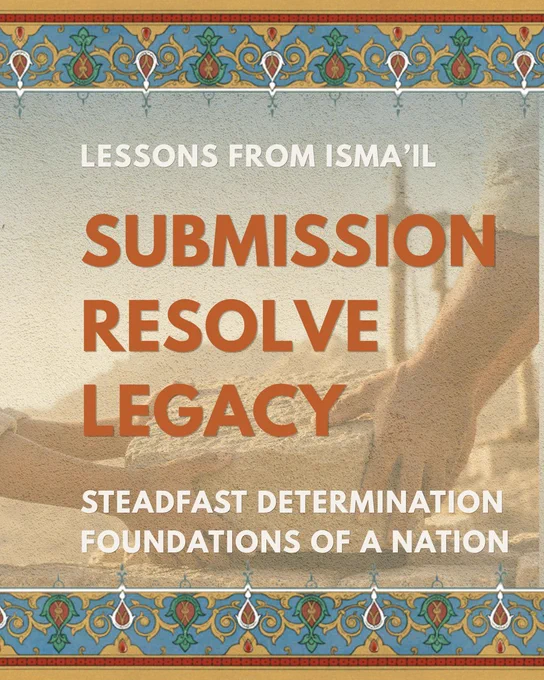 Decorative carousel cover reading “Lessons from Ismaʿil” with the anchor words “Submission,” “Resolve,” and “Legacy” in large orange lettering over a warm-toned image of hands building with stone. Subtext reads: “Steadfast Determination” and “Foundations of a Nation.” Islamic-inspired border patterns frame the top and bottom of the graphic.