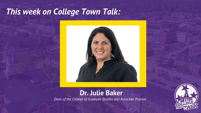 Flyer for College Town Talk podcast episode with Dr. Julie Baker. She is the dean of the College of Graduate Studies and Associate Provost. 