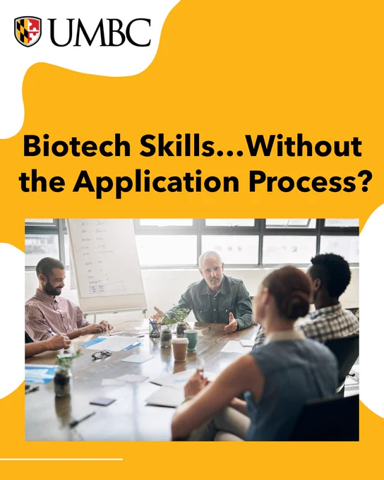 Text reads: “Biotech skills… without the application process?” on a clean, modern background suggesting science or professional education.