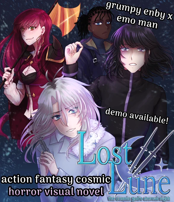 grumpy enby x emo man
demo available!
action fantasy cosmic horror visual novel
Lost Lune the cosmic god's eternal night