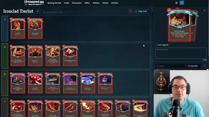 Baalorlord using the Untapped.gg Tier List builder to create lists for the Ironclad character. An image of Baalorlord is there in the bottom right corner. The A to C tier lists are on the left side of the screen.