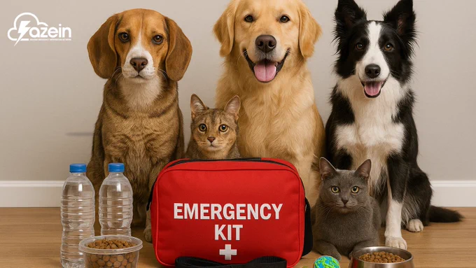A studio-style photograph showcasing pet emergency preparedness. Three dogs (a Beagle, a Golden Retriever, and a Border Collie) and two cats (a tabby and a grey cat) are sitting neatly in a row behind their emergency supplies. In the foreground sits a bright red zipper bag with "EMERGENCY KIT" and a medical cross printed in white. Flanking the kit are two clear plastic water bottles, two bowls filled with dry pet food, and a small woven pet toy. The white "azein" logo is positioned in the top left corner.
