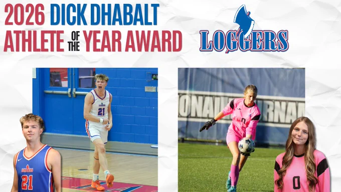 2026 Dick Dhabalt Athlete of the Year Award. Girl kicking a ball and smiling. A boy screaming and smiling.