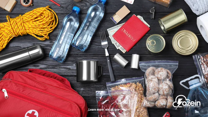 A high-angle photograph displaying a comprehensive emergency go-bag and survival kit spread across a black wooden surface. In the bottom left corner is a large red backpack with a white medical cross. The surrounding items include two clear water bottles, a large blue water jug, several cans of food, ziplock bags containing snacks (dried fruit, granola, and cookies), a steel thermos, and a metal mug. Also featured are essential survival tools: a bundle of yellow rope, a box of matches, a passport tucked with cash, batteries, a fork, a whistle, a compass, and a roll of toilet paper. The white "azein" logo is in the bottom right corner, and the text "Learn more: ein.az.gov" is centered at the bottom.