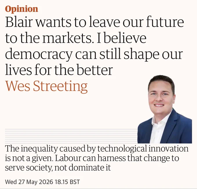 Blair wants to leave our future to the markets. I believe democracy can still shape our lives for the better
Wes Streeting