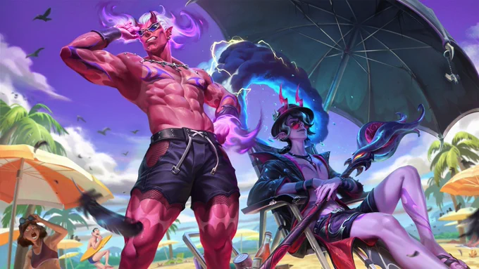 Sinful Shores Brand has several purple tattoos across his arms and shirtless chest as his hands and hair radiate with purple flames. Sinful Shores Hwei sits peacefully underneath an umbrella, unperturbed by the small thundercloud that circles his head, lightly raining down upon him.