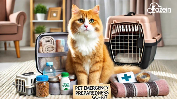 An educational photograph illustrating a pet emergency preparedness kit for a cat. A fluffy orange and white cat sits prominently in the center of the frame on a light-colored rug. Behind the cat to the right is a plastic pet carrier, and to the left is an open grey organizer bag containing a water bottle and rolled towels. In the foreground, surrounding a small sign that reads "PET EMERGENCY PREPAREDNESS GO-KIT," are various supplies: a jar of pet food, a bottle labeled "FOOD WATER," canned food, a miniature carrier model, and a folded pink-and-grey striped blanket topped with a small first aid kit and a roll of twine. The white "azein" logo is in the top right corner.
