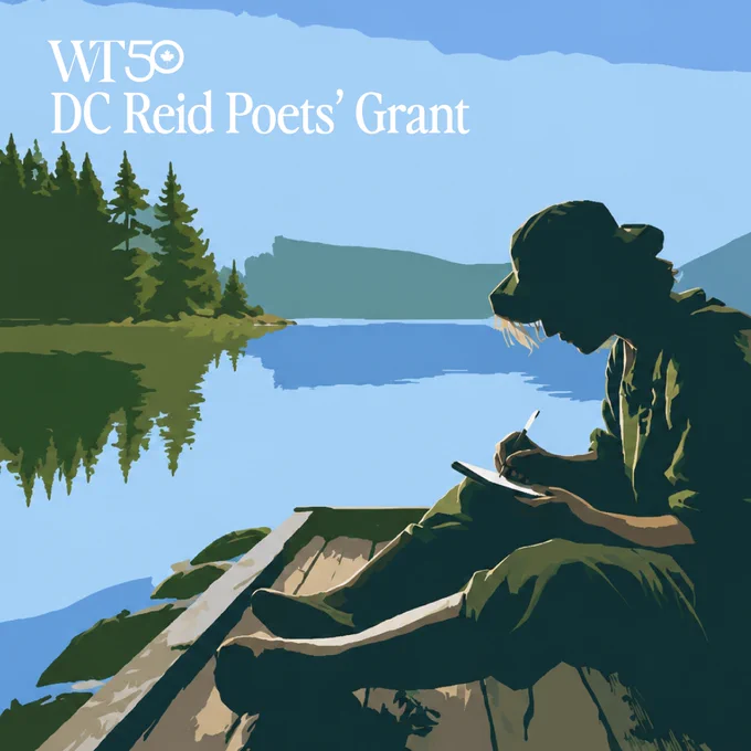 WT50. DC Reid Poets’ Grant. An illustration of a poet writing on a notepad alongside the water.