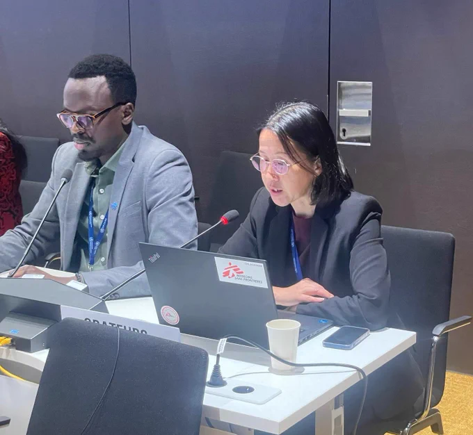 Yuanqiong Hu, Head of Analysis, MSF Access, delivering a statement at the 79th World Health Assembly in Geneva.