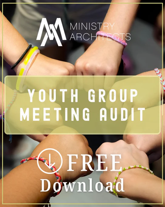 A promotional image featuring a group of hands forming a circle, with text offering a free download for a youth group meeting audit from Ministry Architects. The mood is engaging and collaborative.