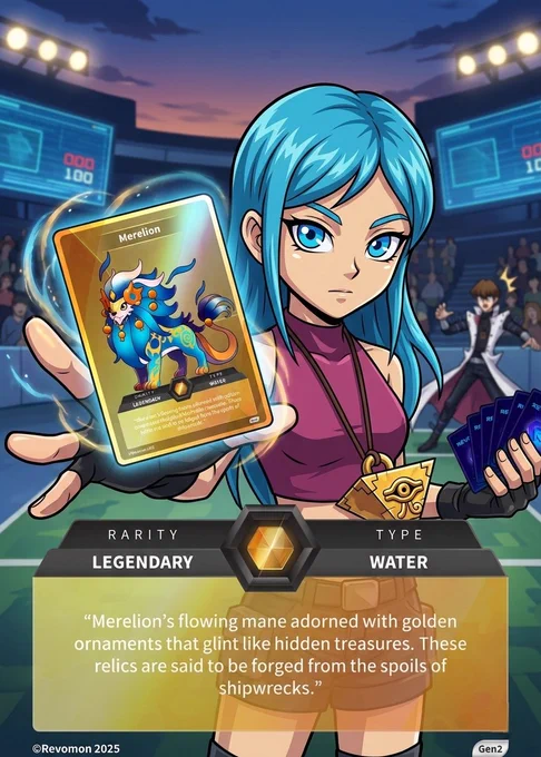 Yugioh style introduction card of Merelion - a catachable creature in Revomon