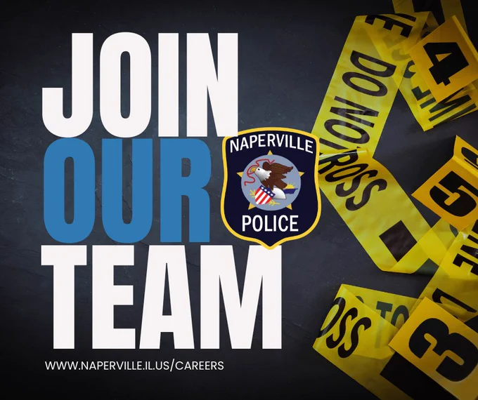 Naperville Police recruitment ad with bold text 'Join Our Team' and yellow crime scene tape in the background.