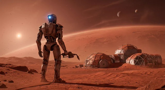 A dust-covered humanoid robot stands alone on the surface of Mars, holding a construction tool, looking away toward the empty red horizon. Behind it, half-built geodesic habitat domes. No humans in sight. Blue glowing eye contrasts with the rust-colored desolation. The image asks: what happens when autonomous AI builds a world without anyone to build it for?