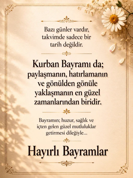 Krem ve bej tonlarında hazırlanmış zarif bir Kurban Bayramı görseli. İnce altın çerçeve, sağ üst köşede beyaz papatya detayı ve hafif yaprak gölgeleri bulunuyor. Ortada koyu kahverengi büyük yazılarla şu mesaj yer alıyor: “Bazı günler vardır, takvimde sadece bir tarih değildir. Kurban Bayramı da; paylaşmanın, hatırlamanın ve gönülden gönüle yaklaşmanın en güzel zamanlarından biridir.” Alt bölümde “Bayramın; huzur, sağlık ve içten gelen güzel mutluluklar getirmesi dileğiyle…” yazıyor. En altta büyük harflerle “Hayırlı Bayramlar” ifadesi yer alıyor.