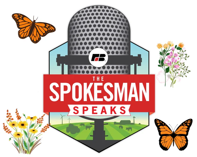 The logo for The Spokesman Speaks podcast with monarch and wildflower graphics surrounding it.