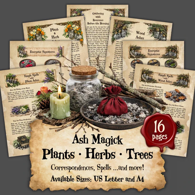 Come closer to the hearth and learn the ancient magick hidden within ash, ember, and sacred fire.
This grimoire gathers the old wisdom of plant, herb, and tree ashes, teaching how the spirit of each green ally changes once touched by flame.
Within these pages, you’ll discover the energetic virtues of sacred ashes for protection, cleansing, healing, prosperity, divination, ancestral work, renewal, and warding.
Learn how to gather with reverence, work beside the spirits of trees and the Fae, and craft simple but powerful ash spells for the home, heart, altar, and soul.
In every gray remnant sleeps a living whisper of magick.