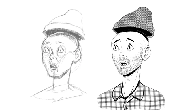 Process manga style comic illustration of a guy in a hat and plaid shirt.