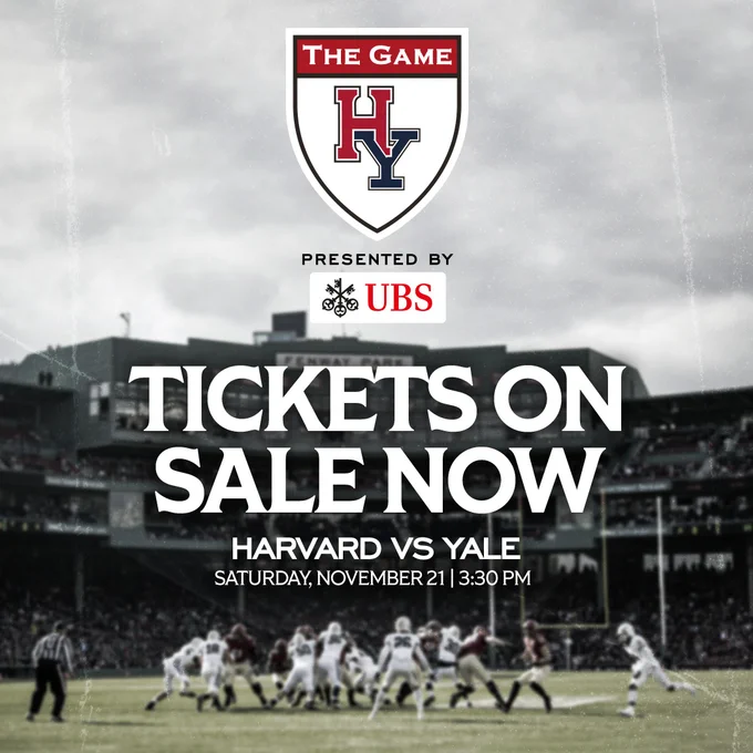 TEXT: Tickets on sale now 
Harvard vs Yale
Saturday, November 21 | 3:30 PM

IMAGE: Fenway Park facade seen in the background of game action from the last Harvard-Yale football game at Fenway Park.