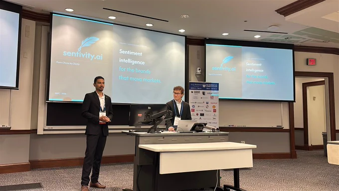 Two students practicing their sentivity.ai pitch