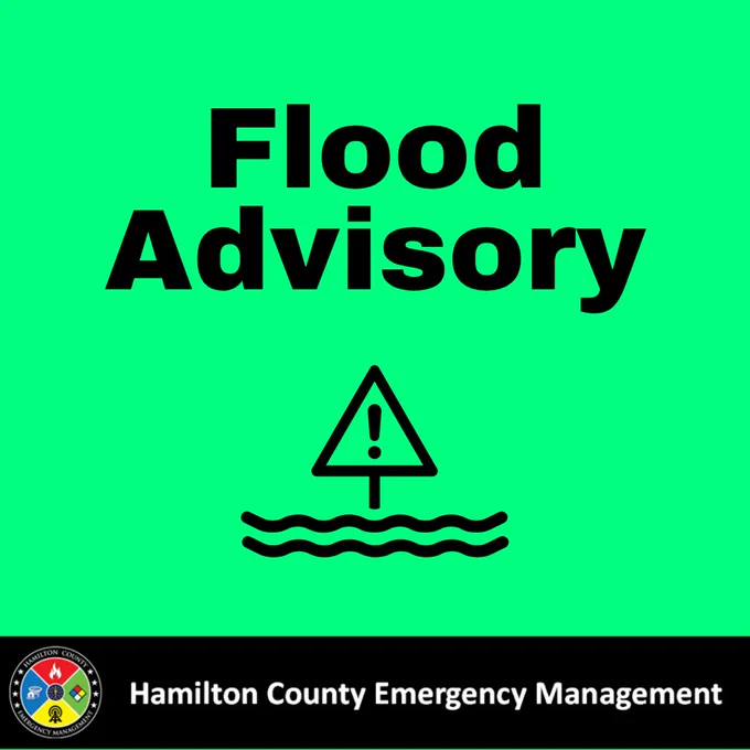 Bright green background with black letters and a graphic indicating a Flood Advisory.
