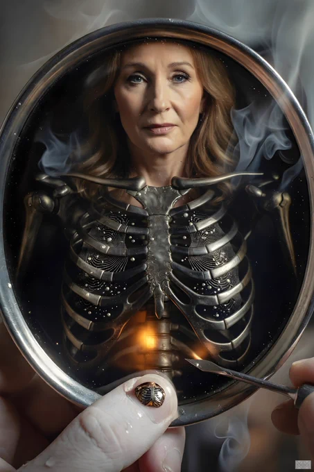A woman with long hair is visible through a round, metallic frame. Her face is partially obscured by a detailed, metallic ribcage structure. Smoke surrounds the frame. A hand with a ring featuring a ribcage design holds the frame. Another hand holds a small tool near the frame. A warm light glows from behind the ribcage.