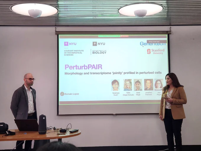 Dr. Romain Lopez from NYU presents during the January IICD seminar series. Welcomed to stage by Elham Azizi.