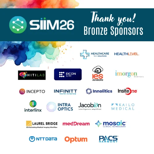 Colorful graphic announcing SIIM26's bronze sponsors with vibrant logos. Professional and appreciative tone.