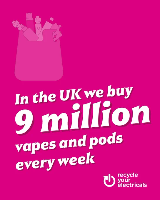  Pink graphic with vape illustration; text says in the UK 9 million vapes and pods are bought every week. 