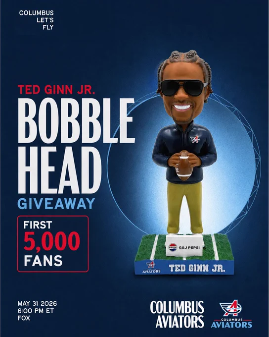 Promotional image for a Ted Ginn Jr. bobblehead giveaway by the Columbus Aviators. The event is on May 31, 2026, with bobbleheads for the first 5,000 fans attending.