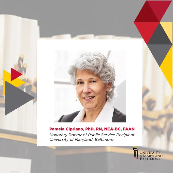 Professional portrait of Pamela Cipriano, Honorary Doctor of Public Service at University of Maryland, Baltimore, with gray hair and business attire.