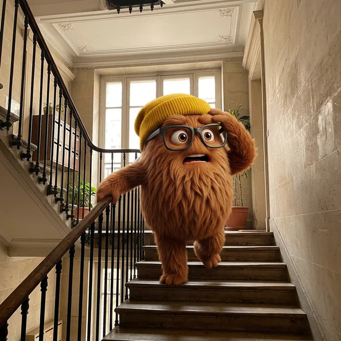A hairy alien in a yellow beanie and glasses with a sudden look of frustrated realization on their face as they walk down a set of stairs in an apartment building