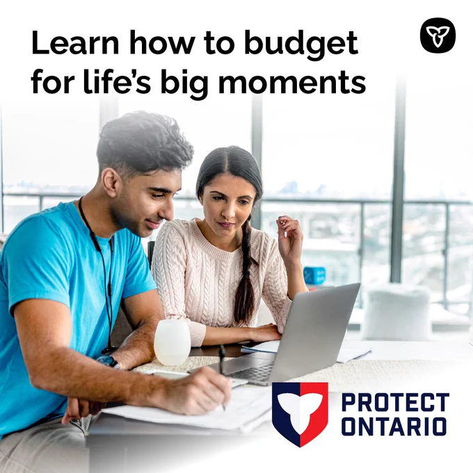 Photo of a young couple on their laptop managing their finances

Text: Learn how to budget for life’s big moments
