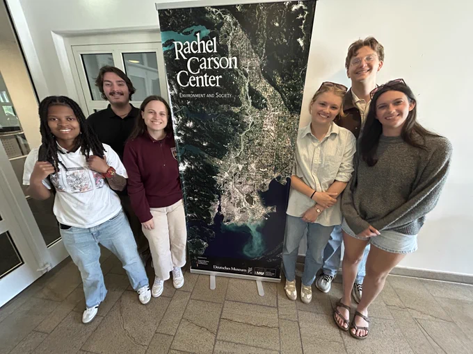 CIROH Water-R20 NRT students stand at the Rachel Carson Center for Environment and Society in Munich, Germany, after attending a seminar on urban biodiversity and drought adaptation.
